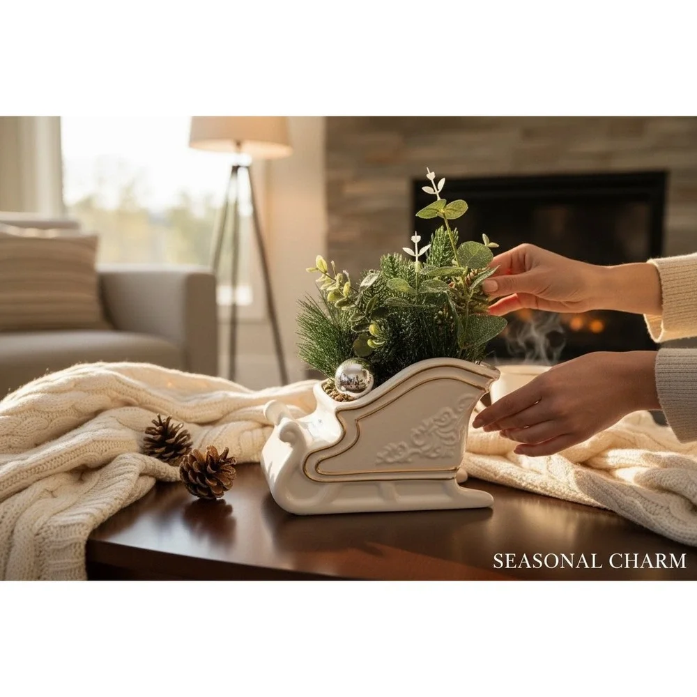 White Ceramic Sleigh Planter Christmas Decor‎ Gold Trim Frosted Greenery Fill